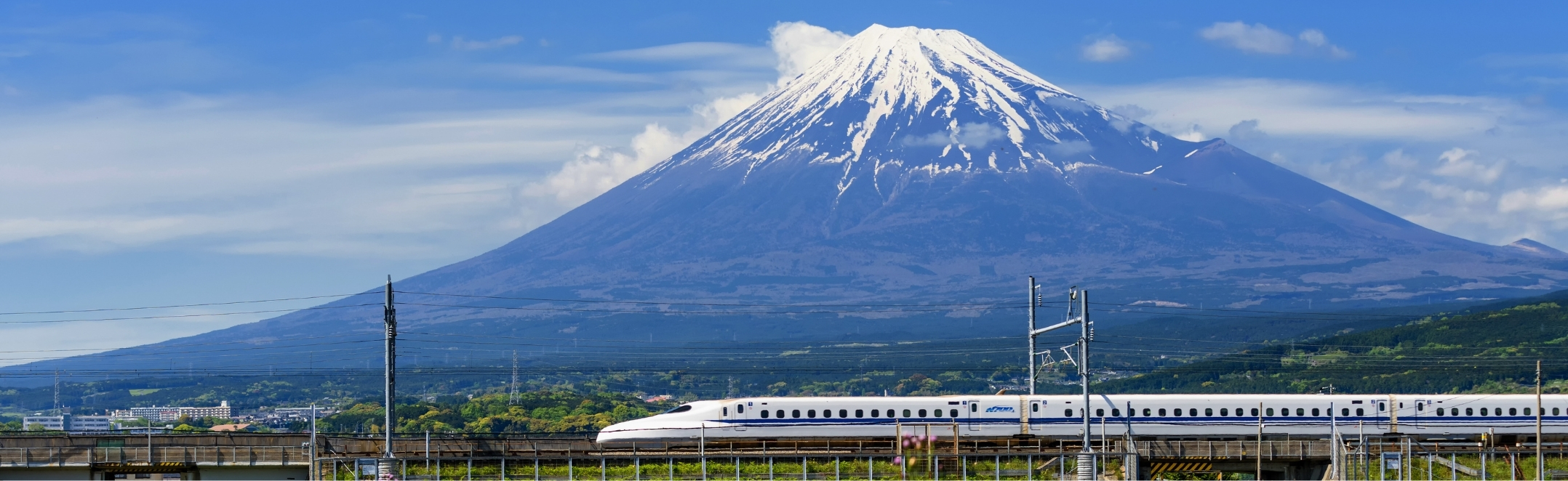 The Shinkansen, or JR Bullet train, running past Mt Fuji and Shibazakura in spring.