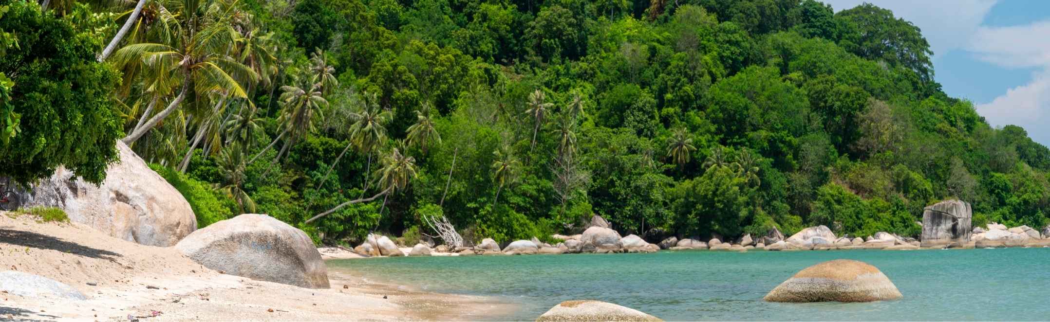 Turquoise waters lap a secluded sandy shore at Monkey Beach, hidden within Penang National Park, Malaysia.