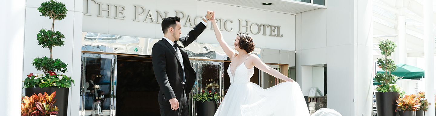 Wedding scene outside Pan Pacific Vancouver